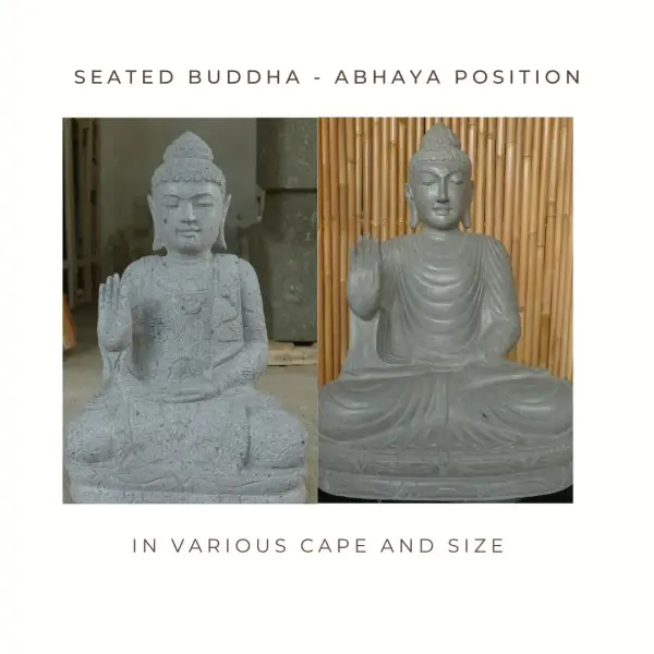 Product image 1 of the product “Seated Indian Buddha - gesture of fearlessness. Regular cape and Flower pattern cape models, in the sizes from 60cm to 150cm, Natural finish ”